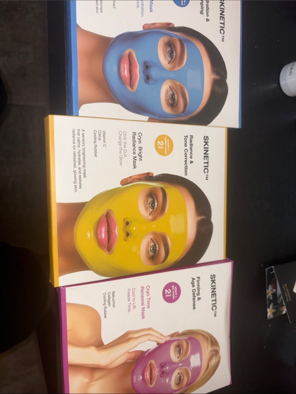 Cryo Bright Radiance Mask - Yellow, aquafirm mask- blue firming/age purple box
